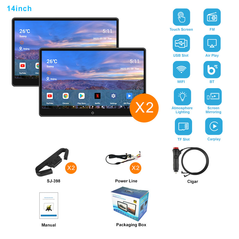 14inch 4K Portable Car TV Headrest Monitor Tablet for Cars Back seat Support Phone Wireless mirroring, Wireless CO-screen 256 colors Running ambinet light,WiFi/Bluetooth/HDMI in and out/USB/ Support 4K Video