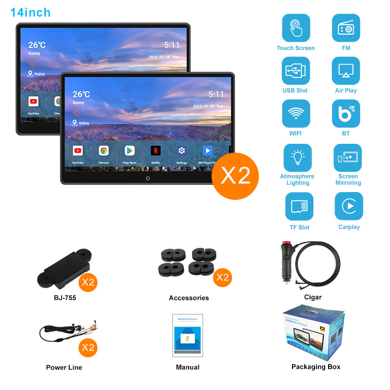 14inch 4K Portable Car TV Headrest Monitor Tablet for Cars Back seat Support Phone Wireless mirroring, Wireless CO-screen 256 colors Running ambinet light,WiFi/Bluetooth/HDMI in and out/USB/ Support 4K Video