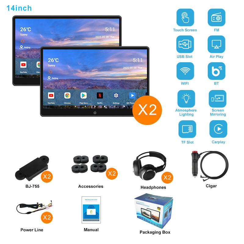 14inch 4K Portable Car TV Headrest Monitor Tablet for Cars Back seat Support Phone Wireless mirroring, Wireless CO-screen 256 colors Running ambinet light,WiFi/Bluetooth/HDMI in and out/USB/ Support 4K Video