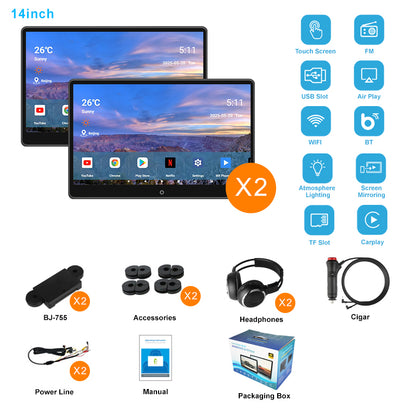 14inch 4K Portable Car TV Headrest Monitor Tablet for Cars Back seat Support Phone Wireless mirroring, Wireless CO-screen 256 colors Running ambinet light,WiFi/Bluetooth/HDMI in and out/USB/ Support 4K Video
