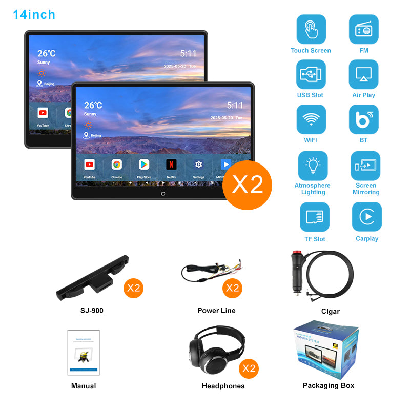 14inch 4K Portable Car TV Headrest Monitor Tablet for Cars Back seat Support Phone Wireless mirroring, Wireless CO-screen 256 colors Running ambinet light,WiFi/Bluetooth/HDMI in and out/USB/ Support 4K Video